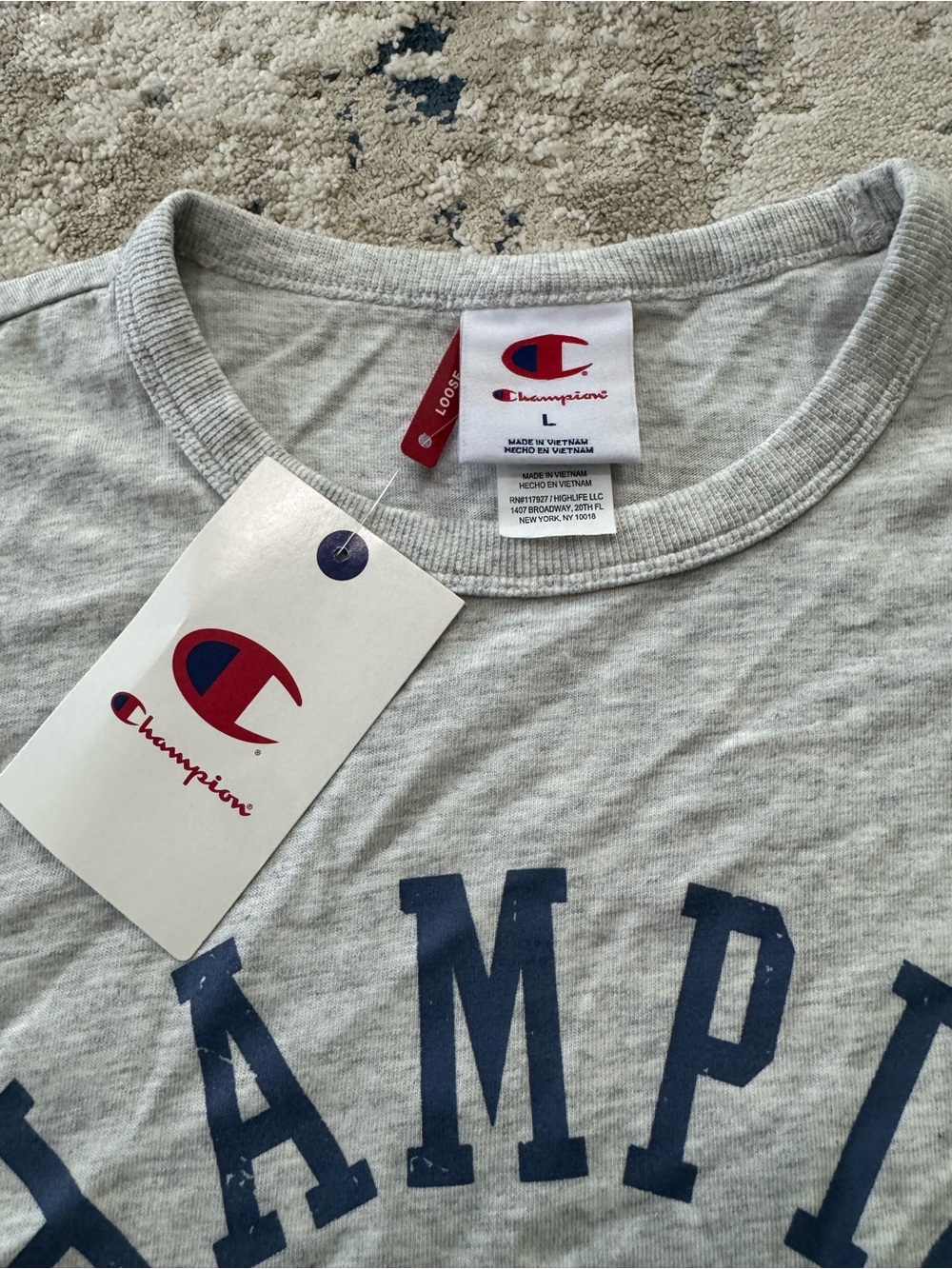 Champion Heather Gray Short Sleeve Tee with Navy Print